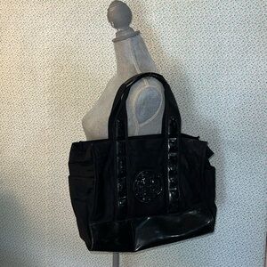 Tory Burch Ella Black Canvas Embossed Logo Tote Large Bag